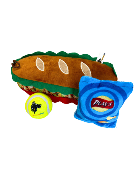 3-in-1 Sandwich Plush + Tennis Ball Dog Toy